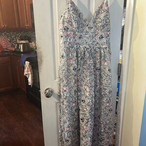 Patterned Maxi Dress with Pink and Gray Accents